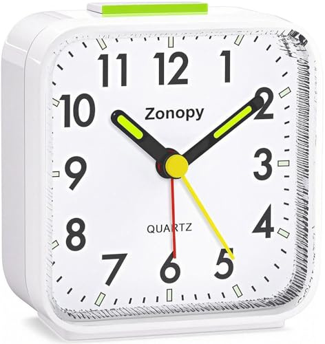 Zonopy väckarklocka, analog väckarklocka utan tickande med nattljus, batteridriven, snooze-funktion, högt larm, ljudlös drift, lysande display, bärbar design för djupsömn