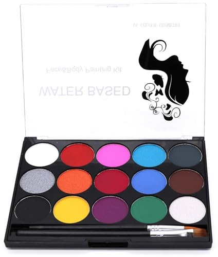Teouuas Kinderschminke Set, 15 Farben Auf Wasserbasis Ungiftige Schminkpalette mit 2 Pinseln, Waschbar Face Paint Bodypaint Schminkset, Kinderschminke Wasserbasis, für Party, Cosplay, Karneval