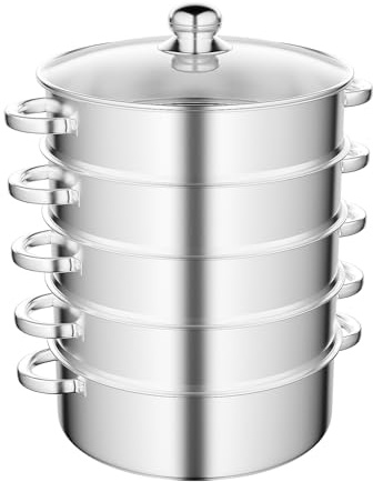 Cuocere a vapore in acciaio inox a 5 ripiani, con coperchio in vetro, 28 cm, impilabile, in acciaio inox, per forni magnetici, fornelli a gas, forni elettrici in ceramica