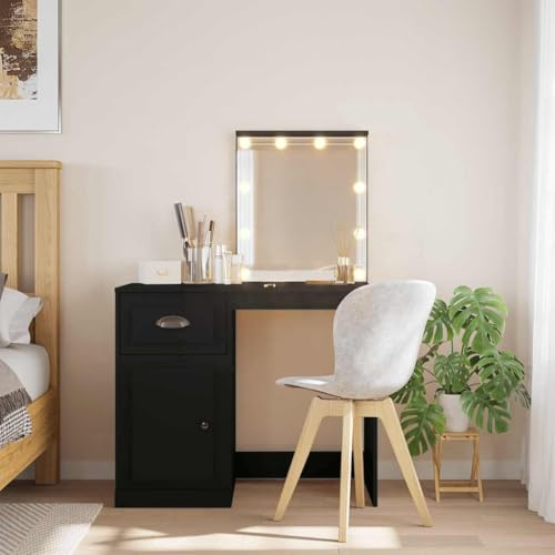 Toletta con Luci LED Nero, Tavolo Trucco con Specchio e Cassetto, Postazione Trucco Illuminata, Scrivania Trucco e Tavolino da Toilette Illuminato, Perfetta per Camera da Letto, 90x42x132.5 cm