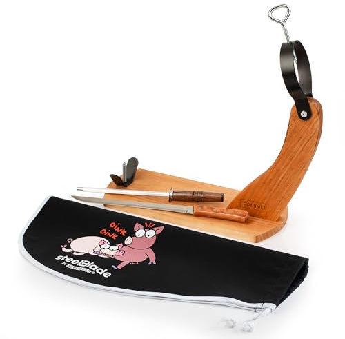 Steelblade - Jamonero Góndola + Cubre Jamón Kukuxumusu + Cuchillo Jamonero y Chaira - Soporte Jamonero Fabricado en España