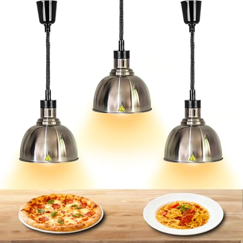 Lampada Riscaldante per Alimenti, 250W Sospesa Lampada Riscaldante Cucina Altezza Regolabil 60-180cm, Lampade Scaldavivande Cucina per Ristoranti, Hotel a Buffet (acciaio-25cm, 3PC)
