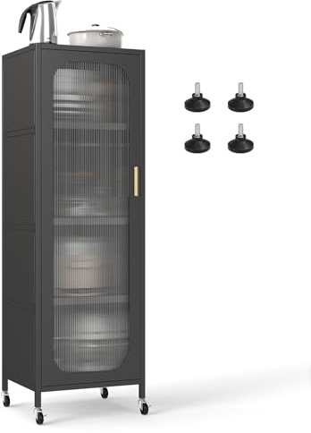 FANTASK Küchenregal mit 5 Etagen, Vitrinenschrank auf Rollen mit verstellbaren Regalen, schmal Mehrzweckschrank mit halbtransparentem Tür, Highboard Metall für Esszimmer, Bad und Wohnzimmer (Schwarz)