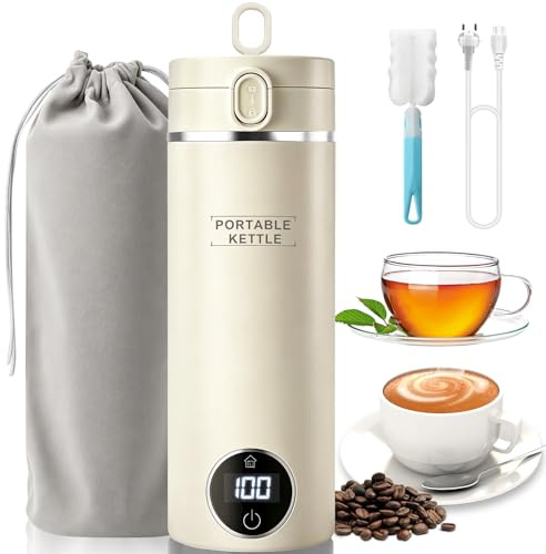 Reisewasserkocher 500 ml mit Temperatureinstellung, 316-Edelstahl, Beige | 6 Temperaturstufen, LED-Anzeige, automatische Abschaltung, auslaufsicher; für Hotel, Camping und Babymilch-Zubereitung