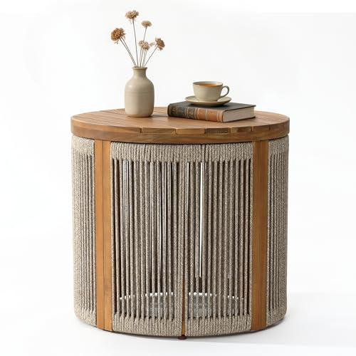 Hometopia Couchtisch Rund Holz, Beistelltisch Wohnzimmer aus Akazienholz & Rope, Moderner Wohnzimmertisch in Trommelform, Sofa Tisch Braun, Kleiner Couchtisch für Wohnzimmer,Ø 48 cm × H 46 cm