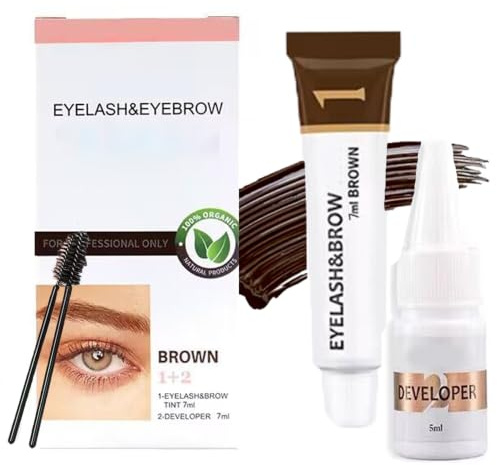 Eyelash & Eyebrow Tint Kit,Brown Eyelash & Eyebrow Color Kit,Formula with Fibres for Full Brows & Volume Lashes,Sweatproof & Long Lasting—Brown