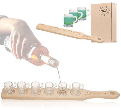 Smart-Planet Schnapslatte aus Holz Latte inkl 6 Gläser Schnapsgläser Holztablett aus Buche mit Henkel Schnapslatte mit Mini Bierkrug - Serviertablett für Schnaps und Likör - Party Hit für Silvester