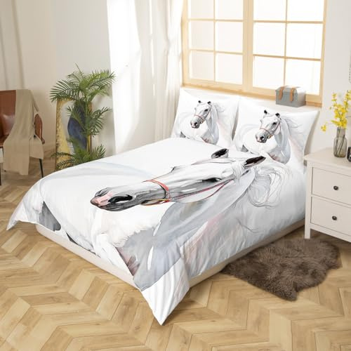 Feelyou White Horse Duvet Cover Set Full Size 3D Steed Print Bedding Set Decorative Horses Comforter Cover Wildlife Bedspread Cover Microfiber Quilt Cover Luxury Zipper Closure Ultra Soft White