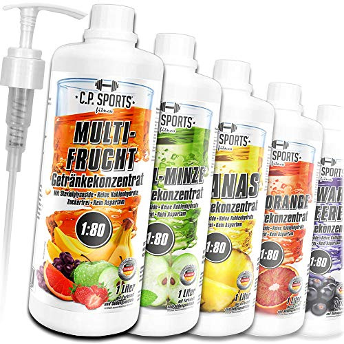 C.P. Sports Konzentrat zuckerfrei 1:80 (ca. 80 Liter Fertiggetränk) + Dosierpumpe – Getränkekonzentrat Getränkesirup Fitness Sport Getränk – L-Carnitin & Vitamine – 1 Liter Eistee-Pfirsich
