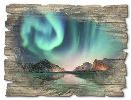 ARTland Wanddeko Bild aus Holz Holzbild vintage Deko 40x30 cm Querformat Natur Nordlicht Polarlicht Norwegen Berge Landschaft Türkis T9SZ