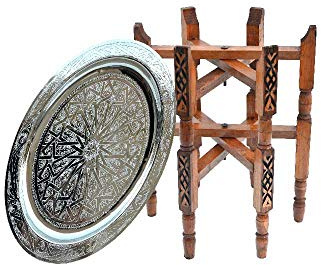 Orientalischer Tisch, aus Versilbertem Messing Tablett, Zedernholz Gestell Ø 40 cm für Ihre Wohnzimmer | Antik Vintage Marokkanischer Beistelltisch Tisch Sofatisch 100% traditionelle Handarbeit