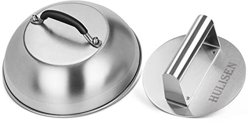 HULISEN Cheese Melting Dome & Smashed Burger Press, 9 Inch Heavy Duty Round Basting Cover with Stainless Steel Burger Smasher, Griddle Accessories Kit for Flat Top Grill Cooking Indoor/Outdoor