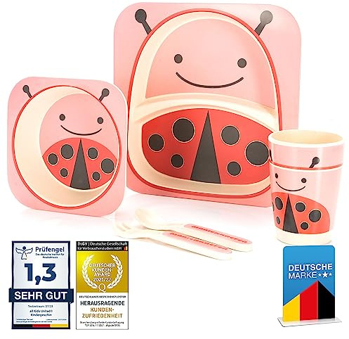 all Kids United® Kindergeschirr-Set aus Kunststoff; 5-teiliges Mehrweg Geschirr-Set mit Tier-Motive; Becher, Schüssel, Teller, Löffel & Gabel für Kinder (Marienkäfer)