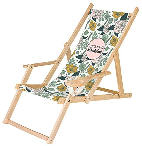 Däckstol trä hopfällbar solstol med armstöd och dryckeshållare vit trädgård strandstol design azalie och rosor [119]