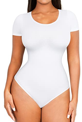 FeelinGirl Bodysuit for Women Tummy Control Shapewear Seamless Short Sleeve Scoop Neck Thong Sculpting Body Shaper