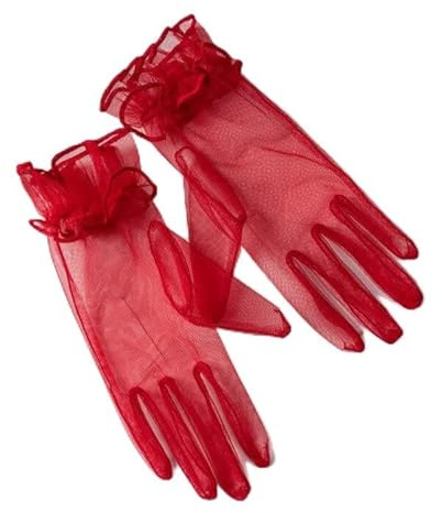 PTNKUIIY Hochzeit Braut Handschuhe, Tüll Kurze Vintage Abendhandschuhe Opern Party Sommer Sonnenschutz Transparent Netzstoff Mesh Handschuhe Damen Fasching Kostüm Accessoires, Rot