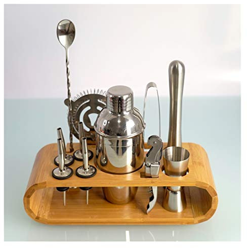 SHALOLY Cocktail Shaker Set 12-Piece Cocktail Shaker Set Stainless Steel Bartender Kit Mixer Drink Bar Tool Accessories Oval Bamboo Stand (Color : 550ML) (550ml)