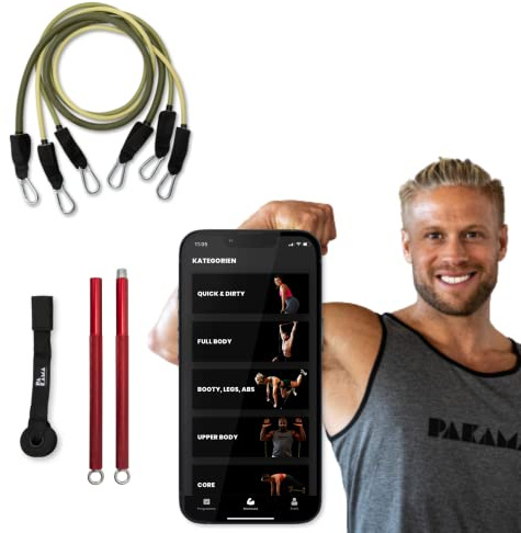 PAKAMA - Premium Widerstandsbänder (inkl. App) mit Stange oder Griffe für Home Workout & Krafttraining Zuhause - Extrem Resistance Bands 4,5kg - 24kg - Fitness-Bänder für bis zu 220kg Widerstand