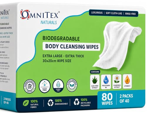 Omnitex Lot de 2 paquets de 40 lingettes nettoyantes biodégradables extra larges et extra épaisses pour le corps – Passent au micro-ondes | Sans rinçage pour le camping, les festivals, le bain au lit