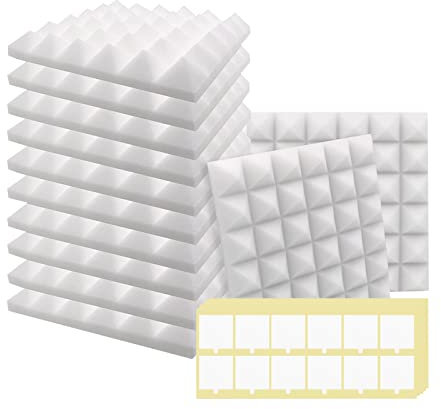 SK Studio 12 Stück Akustikschaumstoff Schallabsorber, Feuerfest Schalldämmung Platten Dämmung Pyramidenschaumstoff für Studio, Podcasts, Aufnahmestudios, Büro, Wanddekoration, 30x30x5cm, Weiss