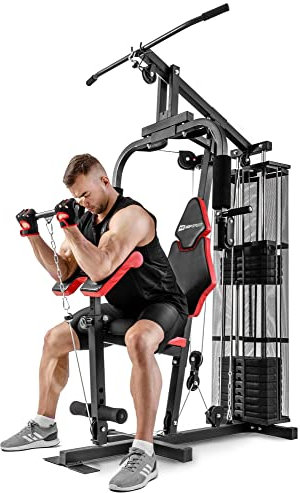 Hop-Sport HS-1044K Kraftstation – Seilzug, Latzug, Curlpult, Butterfly, inkl. 66 kg Gewichte, Sicherheitsnetz, platzsparend, Heimtraining Fitnessstation