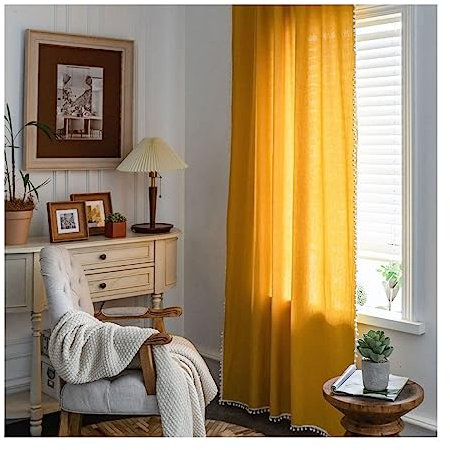 ANAZOZ Gardinen Vorhänge mit Ösen 2er Set, Voile Vorhänge für Fensterscheibe Baumwolle 150x280cm Uni Gelb mit Pompon