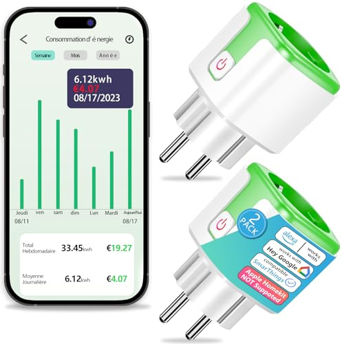 SURFOU Prise Connectée VeSync, Compteur de Consommation électrique, Minuteur Prise Smart Compatible avec Amazon Alexa et Google Home, Commande Vocale, VeSync APP Télécommande, 16A, Type F (2 Packs)