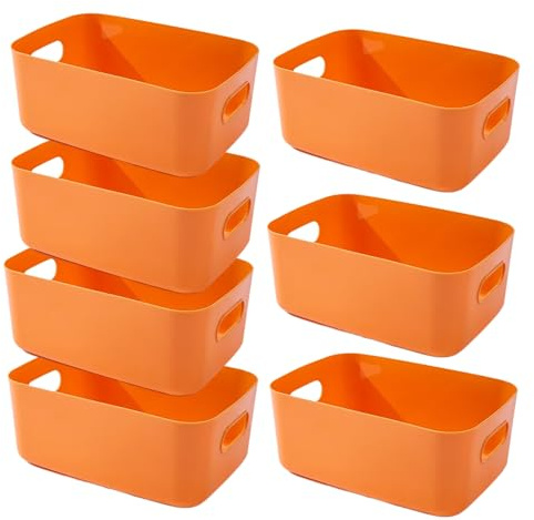 EURXLQ 7 Pezzi Cestini Portaoggetti Plastica Scatole Organizer con Manici,Contenitori per Armadio,Contenitore Plastica,Organizer Portaoggetti per Cucina Bagno Cosmetici (Arancione, 30×20×12 cm)