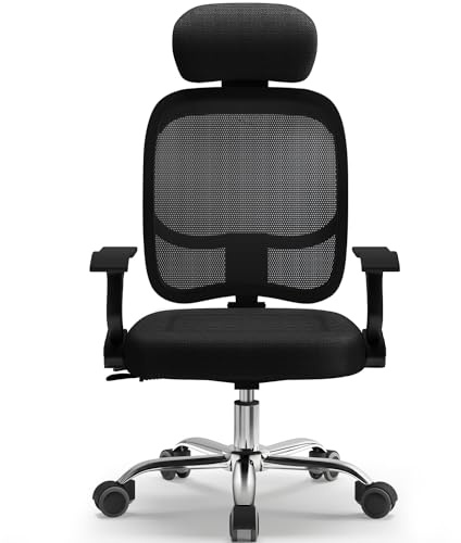 Airchros Bürostuhl, Schreibtischstuhl ergonomisch, höhenverstellbare Rückenlehne, Drehstuhl mit Verstellbarer Kopfstütze, Bürostuhl Wippfunktion bis 135°, Atmungsaktiv, Chefsessel 130 kg Belastbar