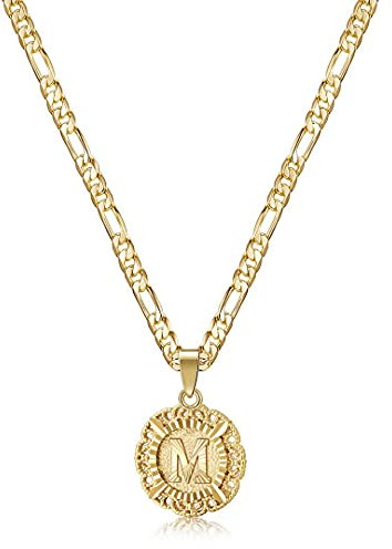 KissYan Initialen-Halskette für Damen, 14 Karat vergoldet, runde Buchstaben-Anhänger-Halskette, Hauptstadt-Monogramm-Halskette, Alhpabets von A-Z, Figaro-Kette, schicke Halskette (goldenes M)