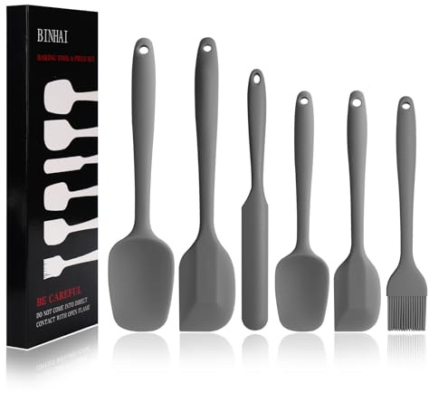 BINHAI Silikon Spatel Set, Grau 6-teilig Antihaftbeschichtet Gummi Spatel mit Edelstahlkern Hitzebeständig Küchenutensilien-Set zum Kochen Backen und Mischen