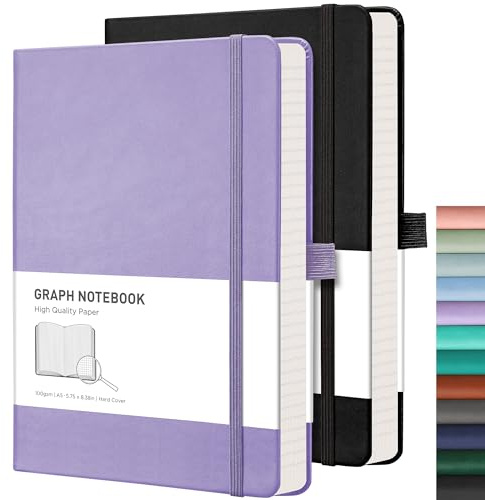 RETTACY Notizbuch Kariert A5 2er Pack - 384 Seiten quadratisches Notizbücher mit 100gsm kariertes Papier, Stifthalter, Innentasche, für Büro Schule Arbeit Frauen Männer 14.5 x 21cm-Lila