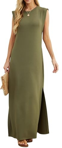 GRECERELLE Womens Summer Maxi Dress Casual Shirt Dresses Elegant Styles Basic Sleeveless Maxi Dresses for Women UK with Split and Pockets