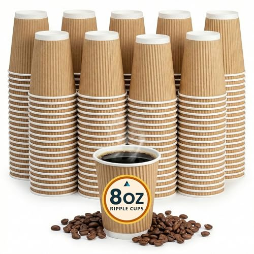 Nationwide Paper 8oz (235ml) Triple Wall Ripple Paper Cups Brown Insulated Disposable Takeaway Coffee Cups for Hot Drinks, Tea, Cappuccino & Espresso, Recyclable Catering Tableware (Case of 500)