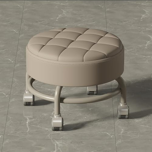 XQKXHZ Kleiner Rollhocker PU Leder Rollsitz 360 ° Drehbare niedrige runde Hocker mit Universal Rollen für Home Massage Garten Büro Garage Shop Fitness Sport,Braun,A