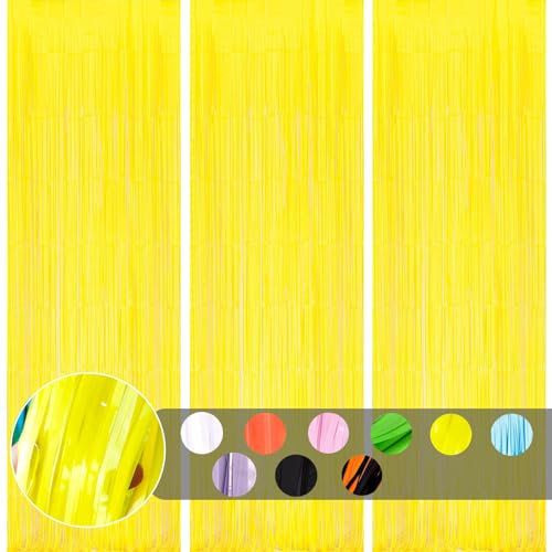 3pcs Tinsel Curtain Yellow Foil Door Curtain Party Backdrop,3.2x6.5ft Foil Fringe Curtains Party Streamers Shimmer Curtains Backdrop Decorations for Girls Birthday Hen Do Baby Shower Easter Parties