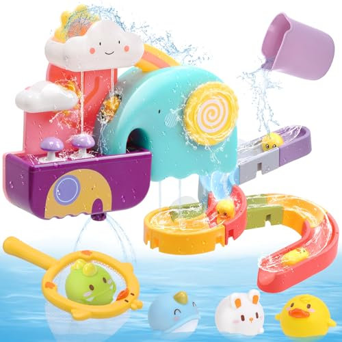 CUTE STONE Jouet Bain Bébé, Jouet Bain avec Piste de Construction de Toboggan Aquatique, Jouets flottants sans Trou, Jeu de Filet de pêche au Canard, Cadeaux pour Bebe 1-3 Ans