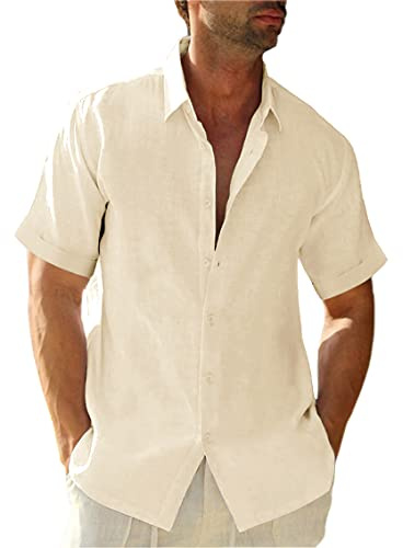 Runcati Camisa de lino para hombre, verano, manga corta, camisa de ocio, camisa de verano, camisa de playa, camisas de negocios para hombres