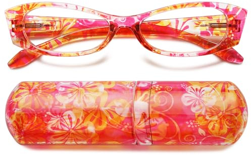 VEVESMUNDO Damen Lesebrillen mit Etui Katzenaugen Blumen Kompakt Lesehilfe Sehhilfe Brillen für Unterwegs (1 Stück Rot Blumen Lesebrille,+1.5)