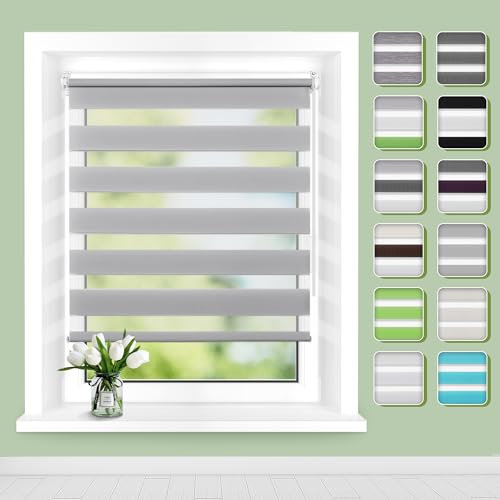 Doppelrollo Klemmfix ohne Bohren B40 x H120cm(Stoffbreite 36cm) Grau, Rollos für Fenster ohne Bohren, Klemmrollos mit Lichtdurchlässig & Verdunkelnd, Fensterrollo Innen Sonnenschutz Rollo