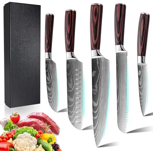 Messerset 5-tlg, Küchenmesser Set aus Hochwertigem Edelstahl, Premium Küchenmesserset Ergonomischem Holzgriff, Scharfe Messer Set und Profi Kochmesser, Allzweckmesser, Küchenmesser-Geschenkbox-Set
