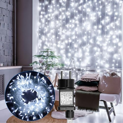 Fiqops LED lichterkette außen 20m 200LEDs lichterketten mit Stecker IP44 Wasserdicht Strom Lichterkette outdoor/innen für Garten Terrasse Hochzeiten Weihnachten Party Kaltweiß,Klarer Draht