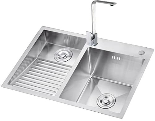 GODFSAHG Lavandino per Lavanderia Argento, lavabo Profondo a Doppia Vasca in Acciaio Inossidabile 304, Installazione a Incasso o sottopiano, con lavello da Cucina con Rubinetto Quadrato, Fa