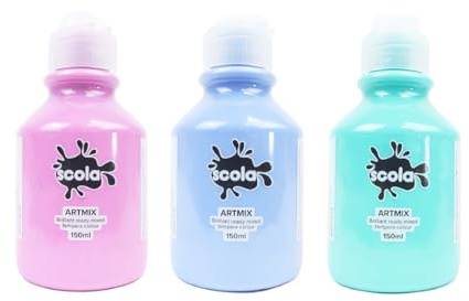 Scola Readymix Water Based Tempera Paint, 3 Assorted Pastel Colours, 150ml Bottles, Non-Toxic Poster Paints, Craft Projects, Suitable for 3+