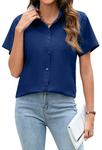 Stamain Grundläggande figursydd kortärmad skjorta för kvinnor elegant blus för kvinnor chic för arbete knappskjorta, Marinblå, XXL