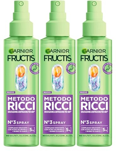 Garnier Fructis Spray Idratante Metodo Ricci con Acido Ialuronico e Burro di Karité Definisce Nutre Ravviva il Riccio Formula Vegana Senza Siliconi per la Cura dei Capelli - 3 Flaconi da 150ml