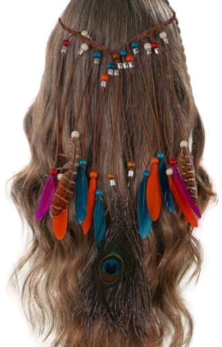 Boho Haarschmuck, Indianer Kopfschmuck, Boho Kopfschmuck, Feder Haarschmuck, Boho-Stirnband Mit Federn, Hippie-Kopfkette, Feder Stirnband, Indischer Haarschmuc, für Damen und Mädchen