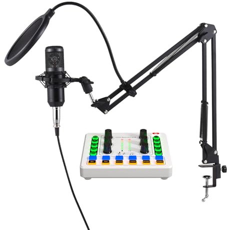 Paquete de equipo de podcast, micrófono condensador con kit de tarjeta de sonido en vivo, micrófono de podcast, cambiador de voz, tarjeta de sonido en vivo para grabación de transmisión en vivo, canto