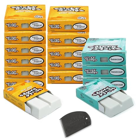 Sticky Bumps Original Surf Wax Bundle | 85g - 12 Pack Warm/Tropical (69°F/20°C) + 4 Pack Basecoat (All Temp) + Surf Wax Comb | Long-Lasting, Biodegarbale | Great Bump Building & Grip