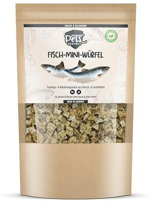 Pets Protect Fisch-Mini-Würfel für Hunde & Katzen 150g - getrocknet Omega-3 | Fischfleisch Snacks reich an Omega-3 Fettsäuren - keine künstlichen Zusätze ohne Fischmehl - Deutsche Herstellung